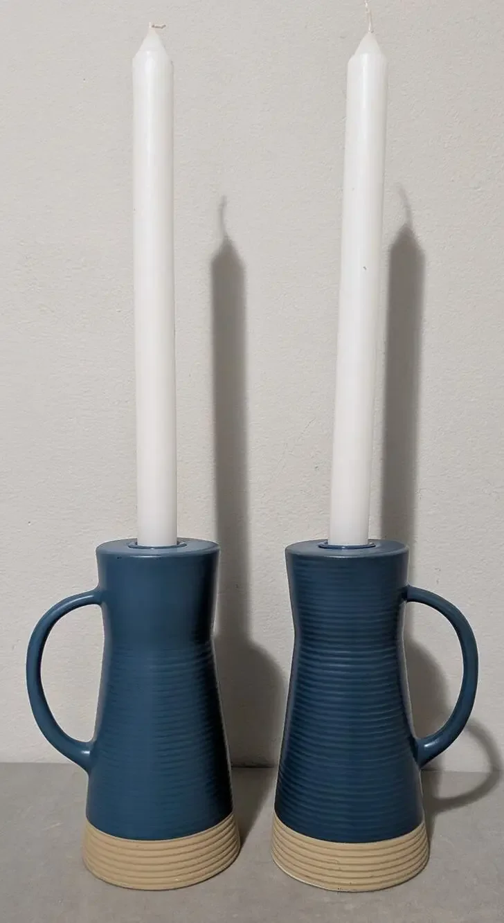 Crate & Barrel Sibely Ceramic Taper Holders Mid Century Modern Farmhouse Blue